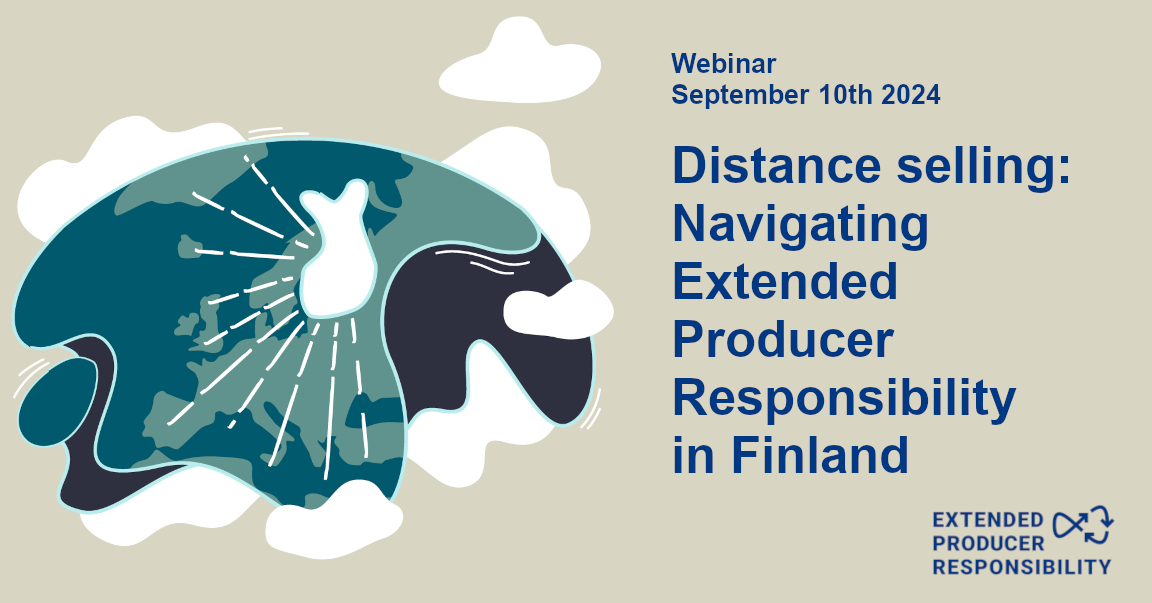 Kuvassa on piirroskuva maapallosta ja teksti Distance selling: Navigating Extended Producer Responsibility in Finland.