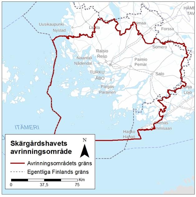 Karta över Skärgårdshavets avrinningsområde. Avrinningsområdet är huvudsakligen beläget i Egentliga Finland. Loimaa och Nystad hör inte till avrinningsområdet. Inom Nyland hör bland annat Hangö och Ekenäs till avrinningsområdet.