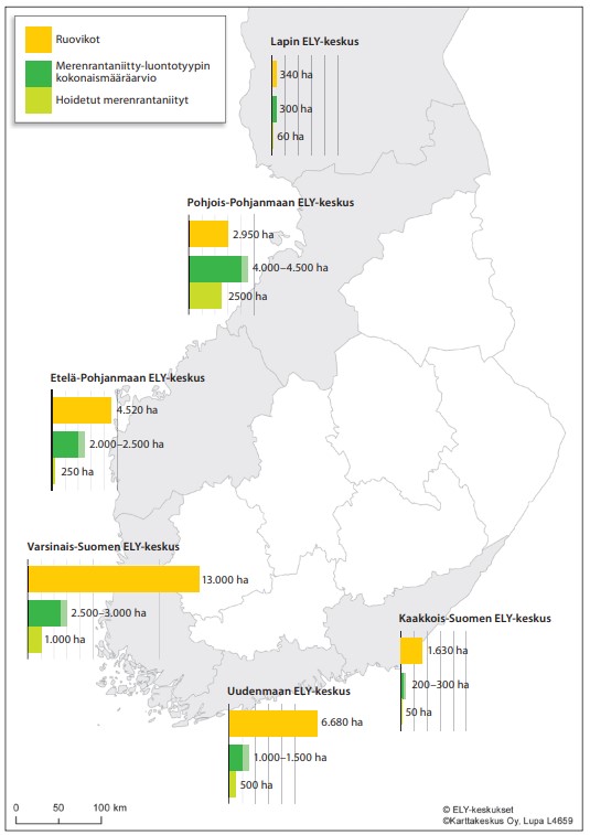 Ruovikoiden ja merenrantaniittyjen pinta-alat rannikkoalueiden ELY-keskuksissa CORINE-aineistojen ja ELY-keskusten asiantuntija-arvioiden mukaan.