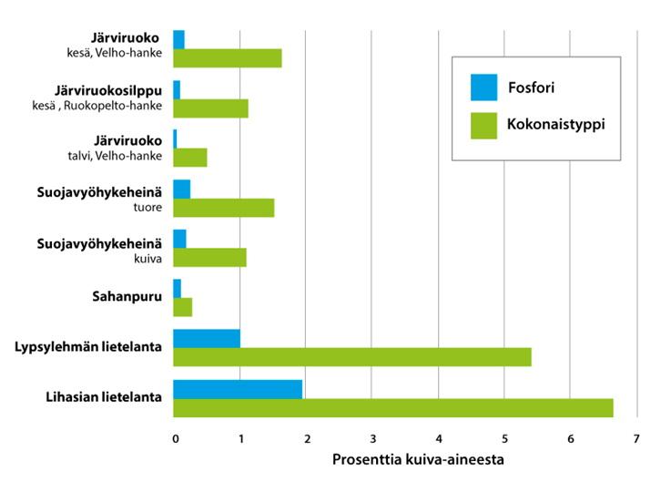 Kesällä leikattu järviruoko voidaan typpi- ja fosforimääriltään rinnastaa tuoreeseen suojavyöhykeheinään.