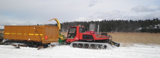 Lännen Järviperkaus Oy:n kehittämällä rinnekone-kaksoissilppuri -yhdistelmällä tehtiin ruovikon talvileikkuita Maskussa maaliskuussa 2013.