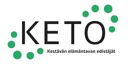 Logo, jossa teksti KETO Kestävän elämäntavan edistäjät. Tekstiä kiertää vihreistä palloista koostuva ketju.