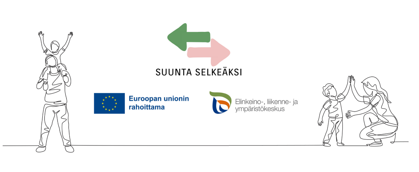 Suunta selkeäksi -hankkeen logo, ELY-keskuksen logo. Euroopan Unionin rahoittama -logo. Kaksi piirrosta yksinhuoltajavanhemmista ja heidän lapsistaan.