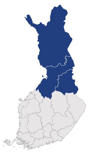 Suomen kartta, johon on merkattu Pohjois-Pohjanmaan, Kainuun ja Lapin maakunnat.