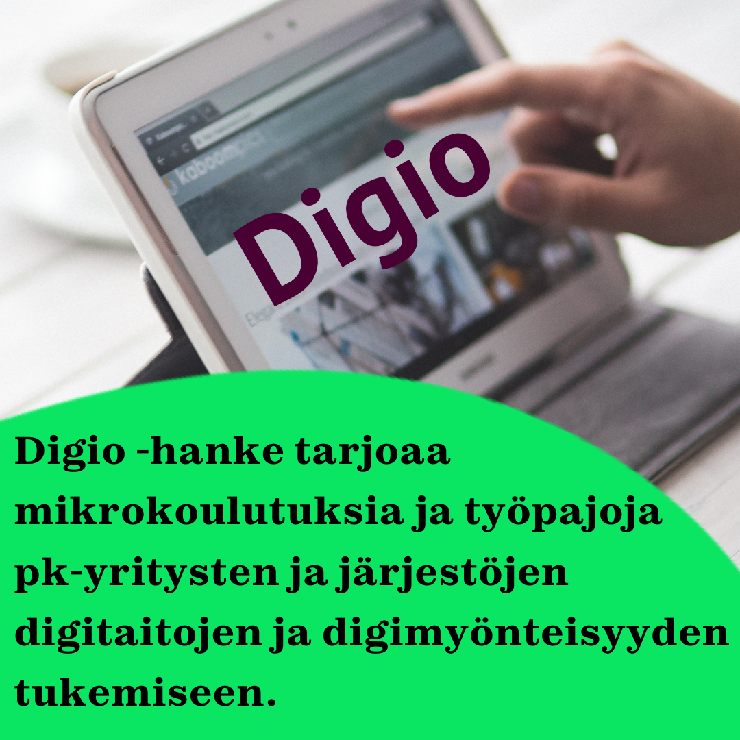 Kuvituskuva jossa digilaite ja teksti: Digio -hanke tarjoaa  mikrokoulutuksia ja työpajoja  pk-yritysten ja järjestöjen  digitaitojen ja digimyönteisyyden  tukemiseen.