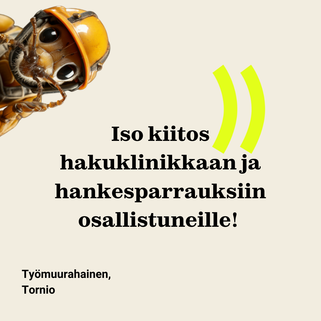 Kuvassa muurahaisen kuva ja teksti: hakuklinikkaan ja hankesparrauksiin osallistuneille! Työmuurahainen, Tornio