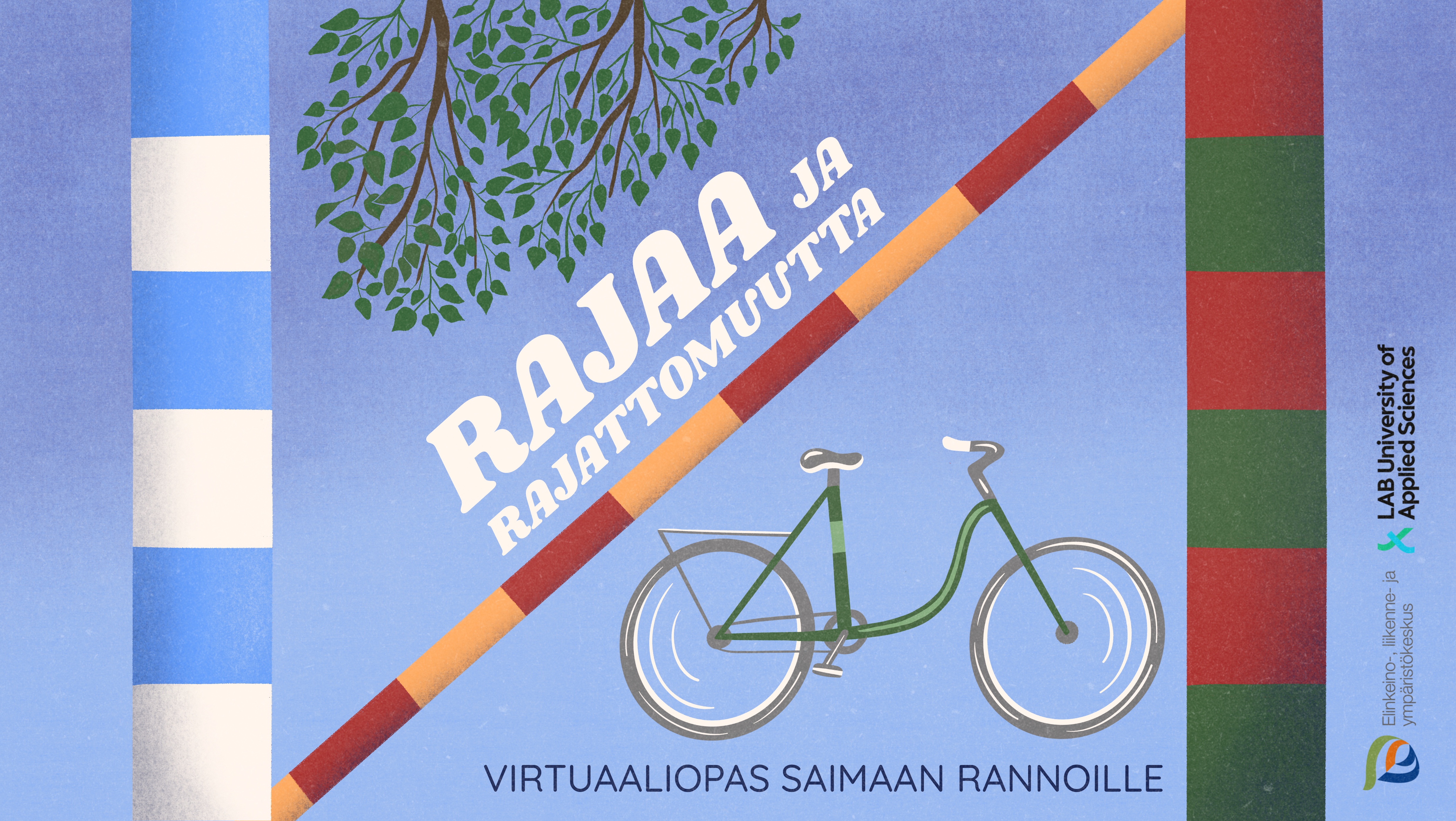 Toisen virtuaalireitin kansikuva. Kuvassa pyörä ja teksti: Rajaa ja rajattomuutta. 