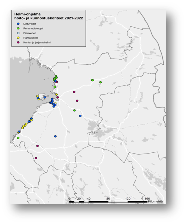 Helmi-ohjelman rannikkoalueiden kunnostuksia vuosina 2021-2022 kartta