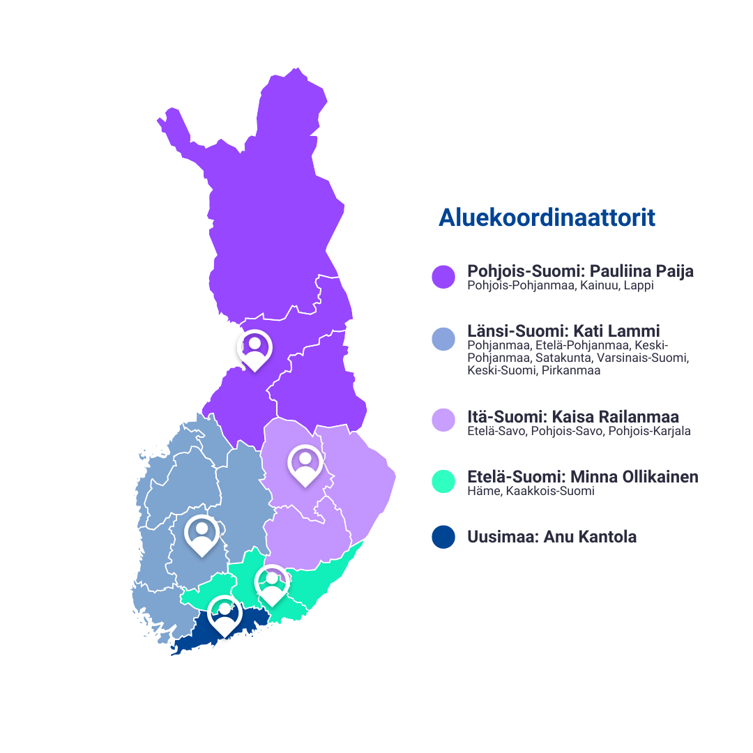 Suomen kartta, johon on merkitty hankkeen koordinaattoreiden toimipisteet sekä aluejaot (Pohjois-Suomi, Itä-Suomi, Länsi-Suomi, Etelä-Suomi ja Uusimaa)