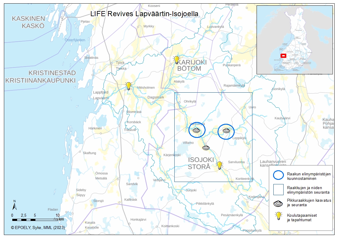 Kuva Suomen kartasta, jossa kohdistettu LIFE Revives-hankkeen toimet Isojoelle kolmeen kohtaan. Kohdat indikoivat sijainteja Isojoella, jossa hankkeen toimia on tehty.