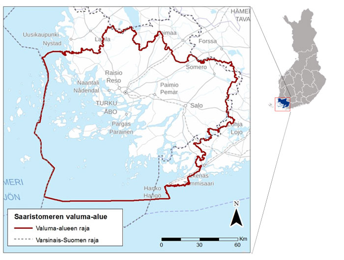 Kartta Saaristomeren valuma-alueesta. Saaristomeren valuma-alue sijaitsee Lounais-Suomessa, pääosin Varsinais-Suomen maakunnassa. 