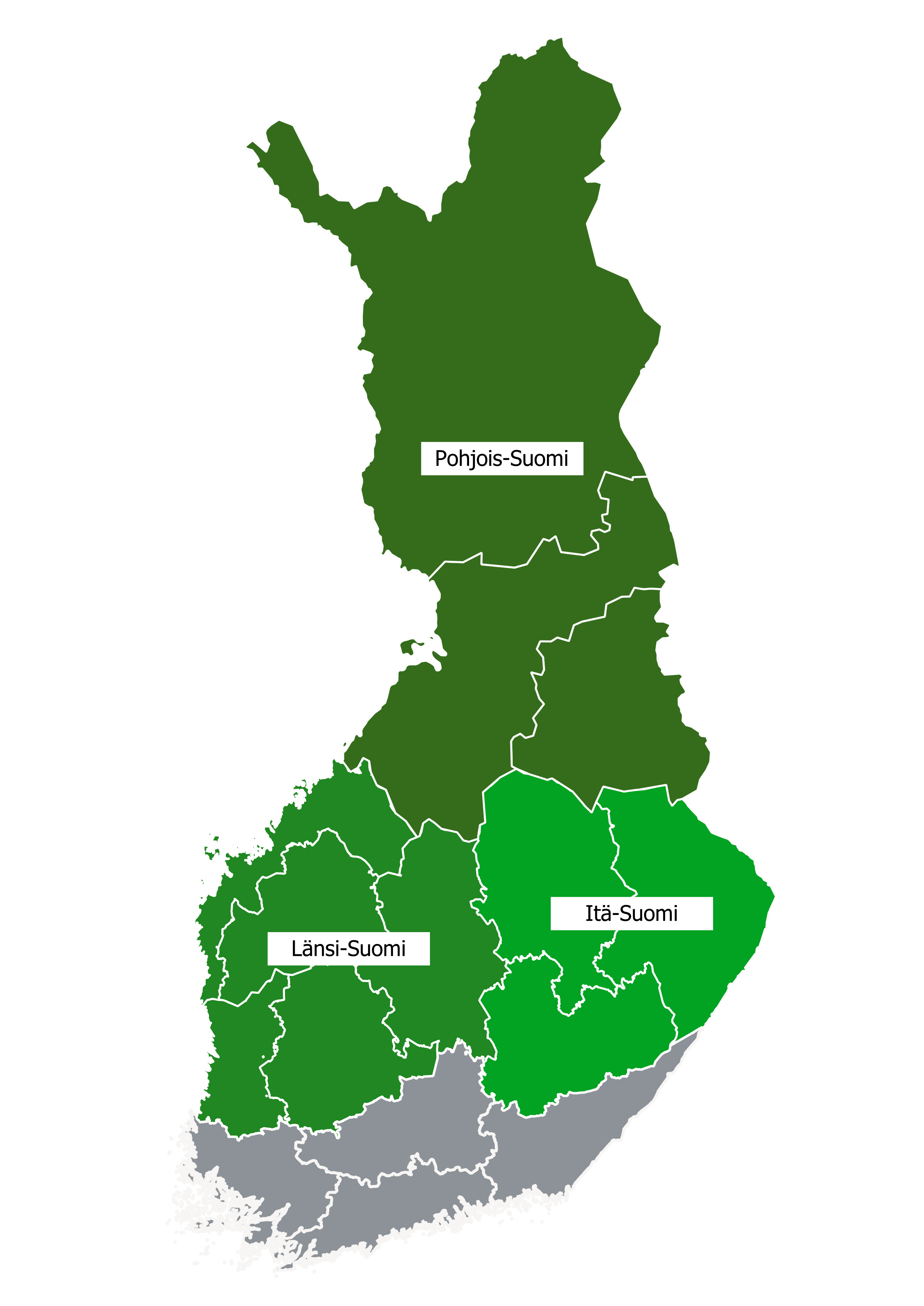 Suomen kartta, joka on jaettu alueisiin JTF-rahoituksen perusteella. Alueita ovat Itä-Suomi, Länsi-Suomi ja Pohjois-Suomi.