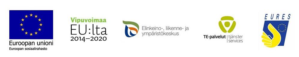 Logoja: Euroopan unioni (Euroopan sosiaalirahasto), Vipuvoimaa EU:lta, ELY-keskus, TE-palvelut, EURES