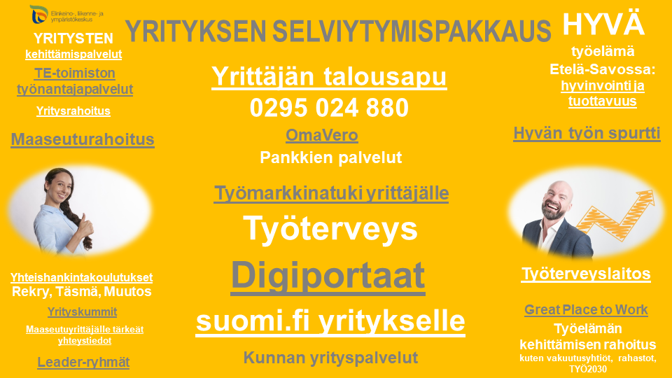 Yrityksen selviytymispakkaus kuvana keltaisella pohjalla linkkeineen.