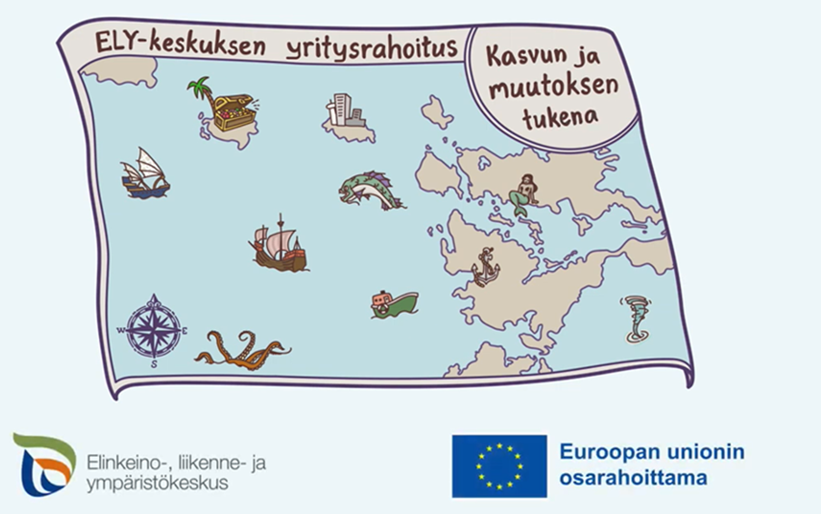 Piirroskuva aarrekartasta. Kartan yläosassa teksti ELY-keskuksen yritysrahoitus kasvun ja muutoksen tukena. Alla ELY-keskuksen ja EU:n logot.