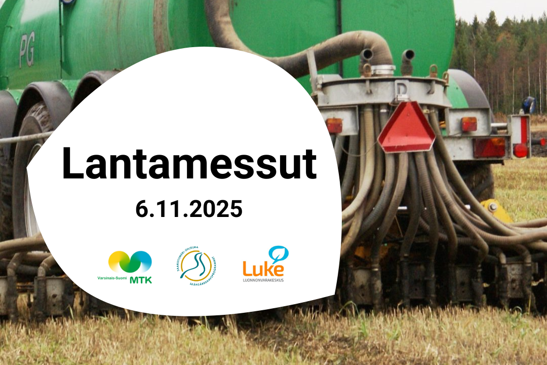 Lantamessut 6.11.2025. MTK Varsinais-Suomen, Saaristomeri-ohjelman ja Luken logot. Taustalla kuva lannan levityksestä.