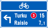 Pyöräilyreitin opaste Turkuun ja Raisioon.