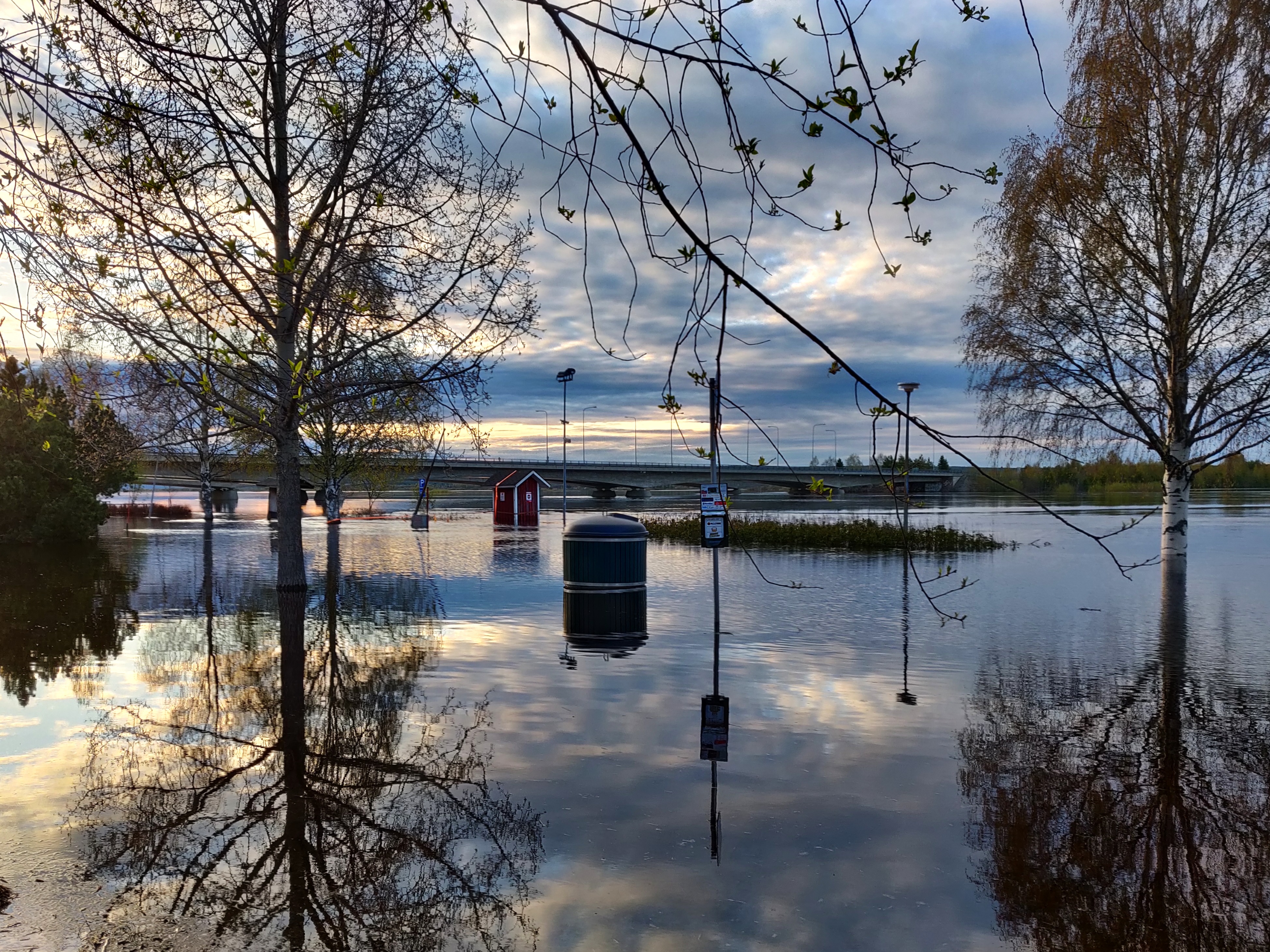Joki tulvii, taustalla veden varassa olevia kylttejä ja roskakori, niiden takana silta.