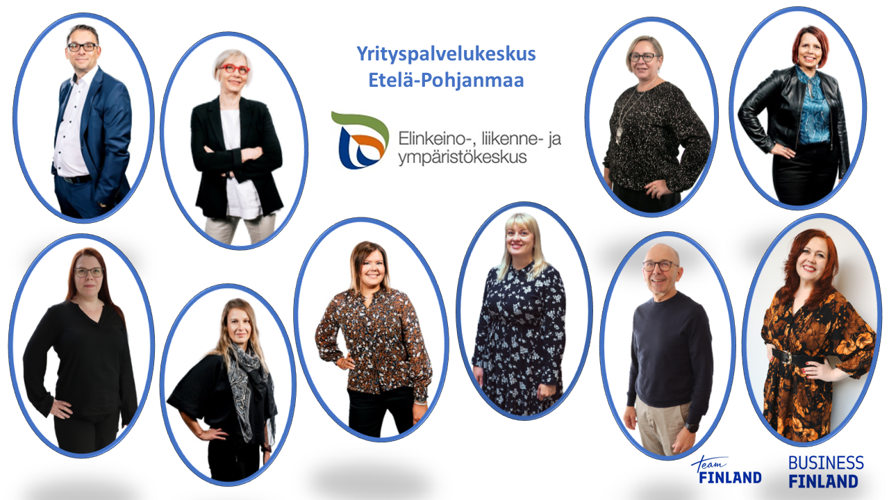 Kuvakollaasi Yrityspalvelukeskus Etelä-Pohjanmaa henkilöstöstä.