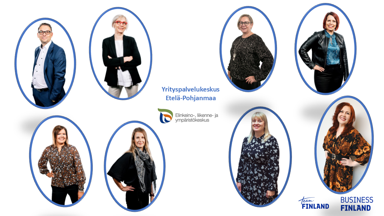 Kuvakollaasi Yrityspalvelukeskus Etelä-Pohjanmaa henkilöstöstä.